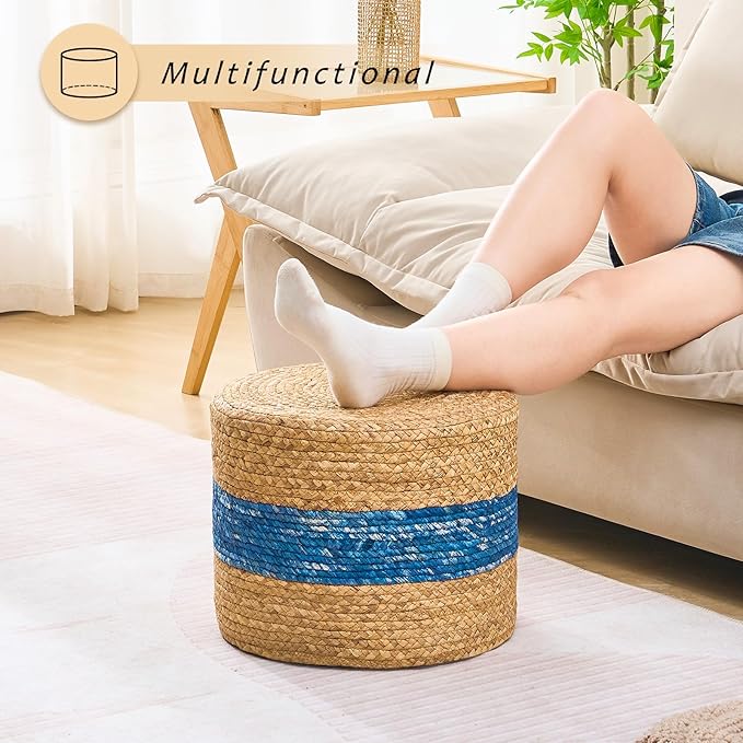 Handwoven Water Hyacinth Ottoman Pouf, Round Outdoor Footstool with Sturdy Frame, No Assembly Needed, Boho Accent Stool for Indoor & Outdoor Use – Patio, Balcony, Living Room (Blue)