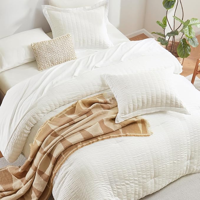 CozyLux Queen Comforter Set Ivory Seersucker 7 Pieces Bed in a Bag Queen Comforter Set with Sheets, Luxury Soft Bedding Set with Down Alternative Comforter, Sheets, Pillowcases & Shams for All Seasons