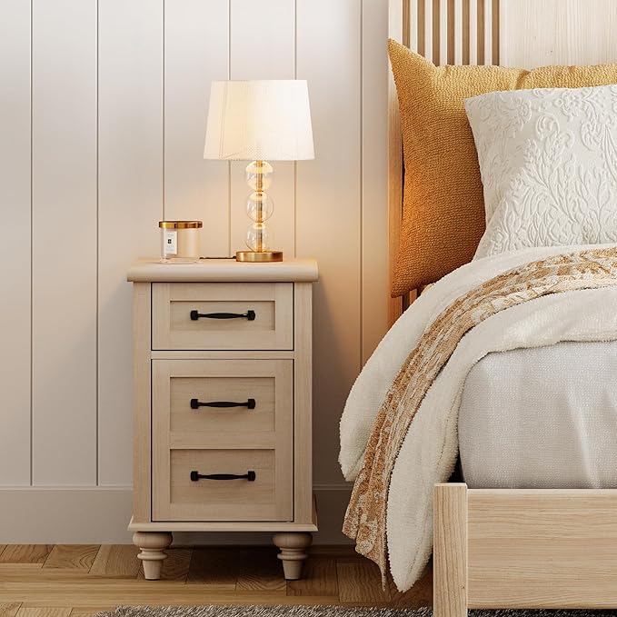 WAMPAT Beige End Table with Charging Station, Wooden Side Table with Storage Cabinet & Drawer, Elegant Nightstand with Power Outlets & USB Ports for Bedroom, Living Room