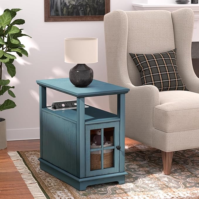 HIFYOBRO End Table with Hidden Charging Station, Narrow Side Table with Storage, Nightstand for Small Spaces with USB Ports & Power Outlets Bedside Table