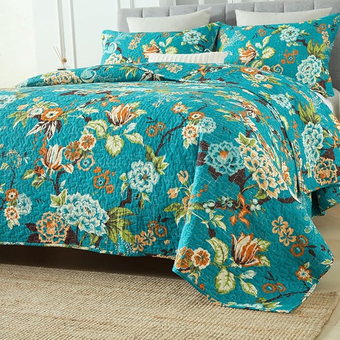 ENASAL Cotton Bedspread Quilt Sets Reversible Bedding Coverlet Sets Comforter, Vintage Floral with Peacock Pastoral Turquoise Bedspread, King Size