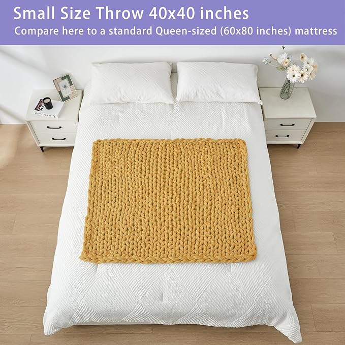 Bigacogo Chunky Knit Throw Blanket for Couch, 40x40 inches, 100% Hand Knitted with Thick Jumbo Chenille Yarn, Cozy Soft Large Rope Knot Cable Crochet Blankets for Sofa Bed Living Room, Mustard Yellow