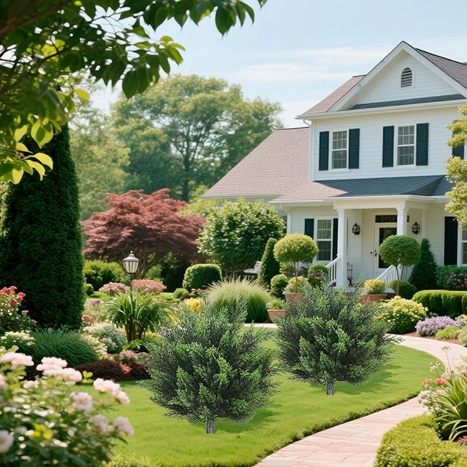 Artificial Topiary Cedar Tree 28 inch Faux Little Bush Cedar Tree UV Resistant Shrub Potted Artificial Plant for Outdoor Indoor Front Porch Garden (2 Pack)