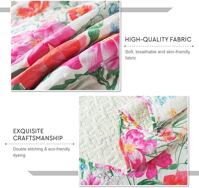 Travan Floral Quilt Queen Quilt Set, Ultra Soft Reversible Queen Quilt Bedding Set with 1 Quilt Set and 2 Shams Red Flower Quilt for All Season, Coreopsis-Red, Queen