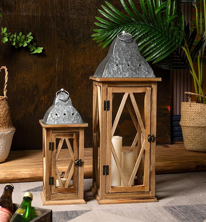Large Farmhouse Wooden Metal Lantern Set of 2, Rustic Decorative Floor Candle Lanterns, Indoor/Outdoor Hanging Lanterns for Home Decor (No Glass)