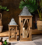 Large Farmhouse Wooden Metal Lantern Set of 2, Rustic Decorative Floor Candle Lanterns, Indoor/Outdoor Hanging Lanterns for Home Decor (No Glass)
