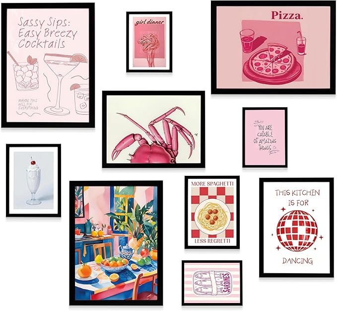 Kitchen Wall Decor Black Framed Art, 10 pcs of Kitchen Wall Art Decor, Pink Framed Quote Pictures, Pizza and Coctail Prints, Lemon Decorations for Wall Decor