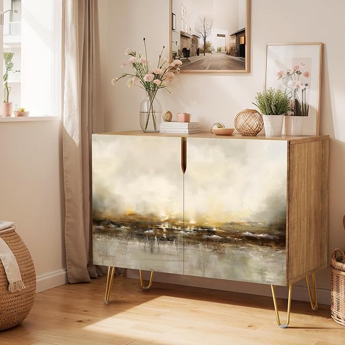 SIGNWIN Sideboard Buffet Cabinet, Kitchen Storage Cabinet with 2 Doors, Brown & Gray Grunge Paint, Cupboard Console Table for Dining Room - 35" L x 18" W x 29" H