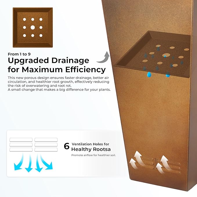 Worth Garden 28" H. Large Metal Planter Set of 2, Classic Matte Bronze Retro Finish Tall Square Tapered Steel Flower Plant Pots for Indoor & Outdoor Use - Insert Plate with Drain Holes, Air Vents