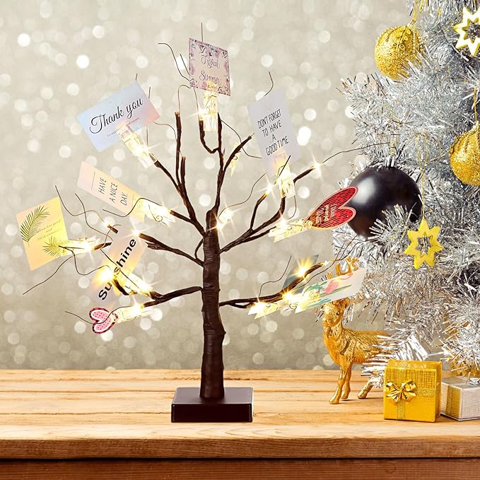Mudder Money Holder Tree Present Card Holder with 12 Clear Clips LED Birch Twig Lights Tabletop Display Tree for Christmas, Valentines, Memo, Photo, Wedding(Classic Style,Brown, Warm White)