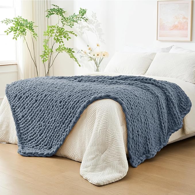 Bigacogo Chunky Knit Throw Blanket for Couch, 51x63 inches, 100% Hand Knitted with Thick Jumbo Chenille Yarn, Cozy Soft Large Rope Knot Cable Crochet Blankets for Sofa Bed Living Room, Cold Sea Blue