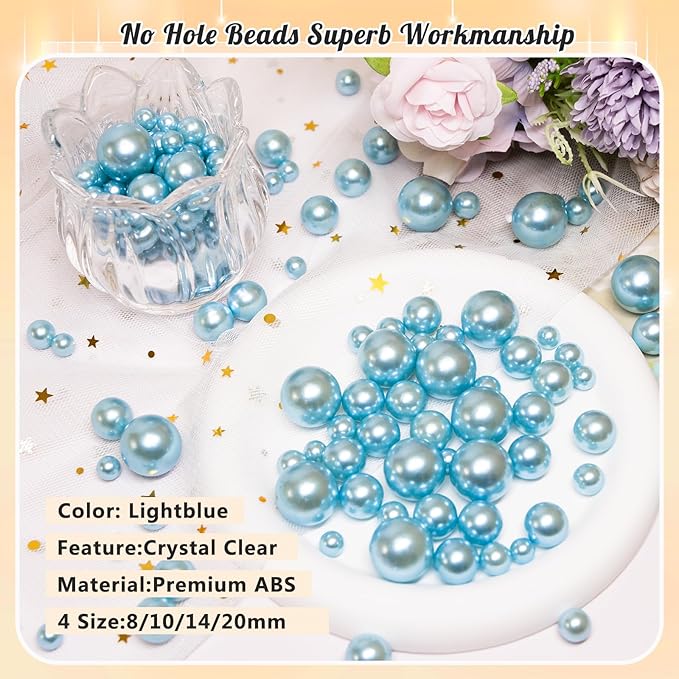 300Pcs Pearl Vase Filler, Lightblue No Hole Faux Pearl Beads for Centerpieces Vases, Candle Centerpieces, Wedding Birthday Party Home Decor 8/10/14/20mm