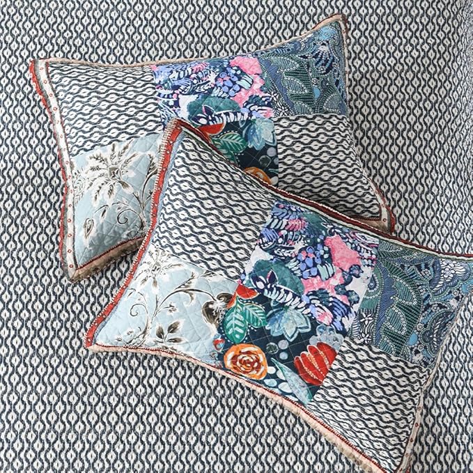 Cotton Bedspread Quilt Bedding Sets Reversible Coverlet Sets 3 Pieces Vintage Floral Blue Teal Patchwork Bedspread, King Size