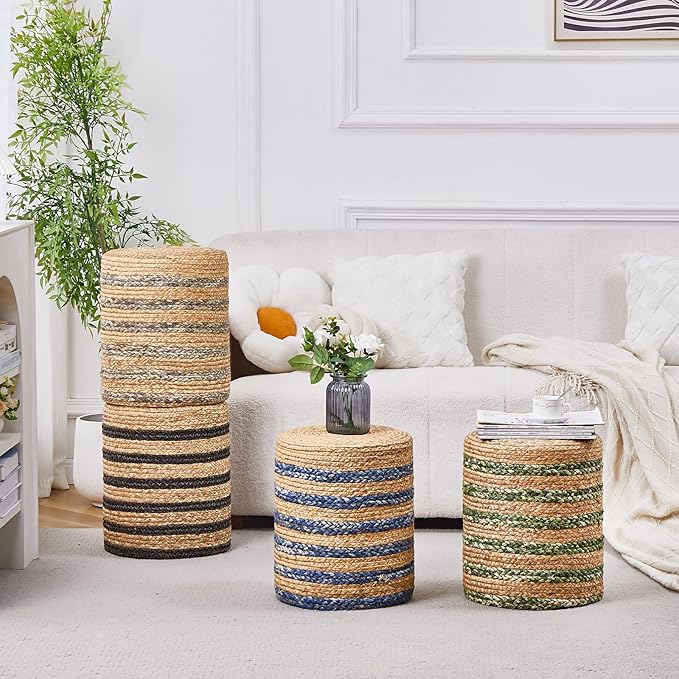 Wimarsbon Ottoman Natural Seagrass Foot Rest Stool Hand Weave Round Foot Stool Pouf Boho Vanity Stools with Non-Skid Mat for Living Room Bedroom Hallway