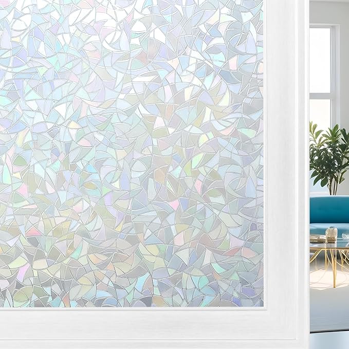 Volcanics Rainbow Window Privacy Film - Decorative Stained Glass Film, Static Window Clings, Heat Control Tinting - Grayish Silver, 35.4 x 78.7 inches