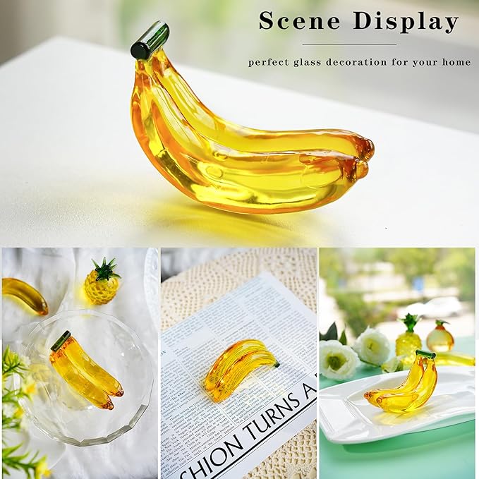 Handmade Glass Fruit Decor Crystal Banana Figurine Yellow Fruits Decoration for Home Kitchen Glass Banana Ornament Fall Harvest Thanksginging Centerpiece Decor for Home Office Desk