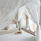 AIKASY 4 Corners Post Ruffle Princess Bed Canopy Curtain - Double Layer Cozy Drape Netting with 4 Openings - Elegant Mosquito Net for Girls and Adults Bedroom Decoration (White, King)