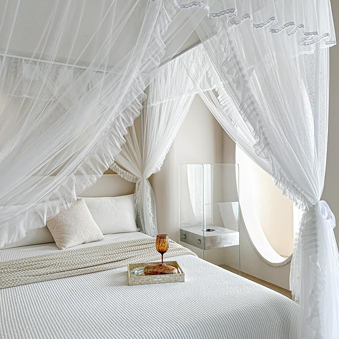 AIKASY 4 Corners Post Ruffle Princess Bed Canopy Curtain - Double Layer Cozy Drape Netting with 4 Openings - Elegant Mosquito Net for Girls and Adults Bedroom Decoration (White, King)