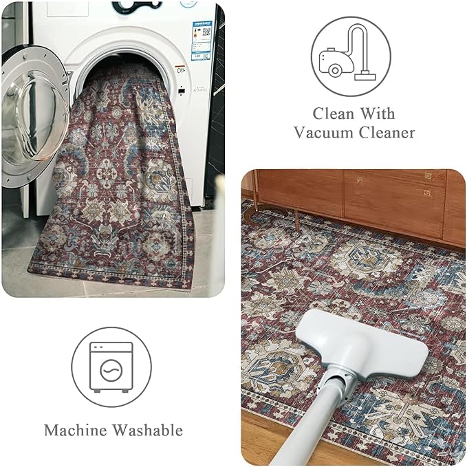 RUGSURE Washable Area Rugs - Perfect for Living Room, Bedroom, Kids Room, Nursery - Stain & Water Resistant Non-Slip, Pet & Child Friendly, Vintage Tribal Area Rugs (Rust and Blue, 4' x 6')