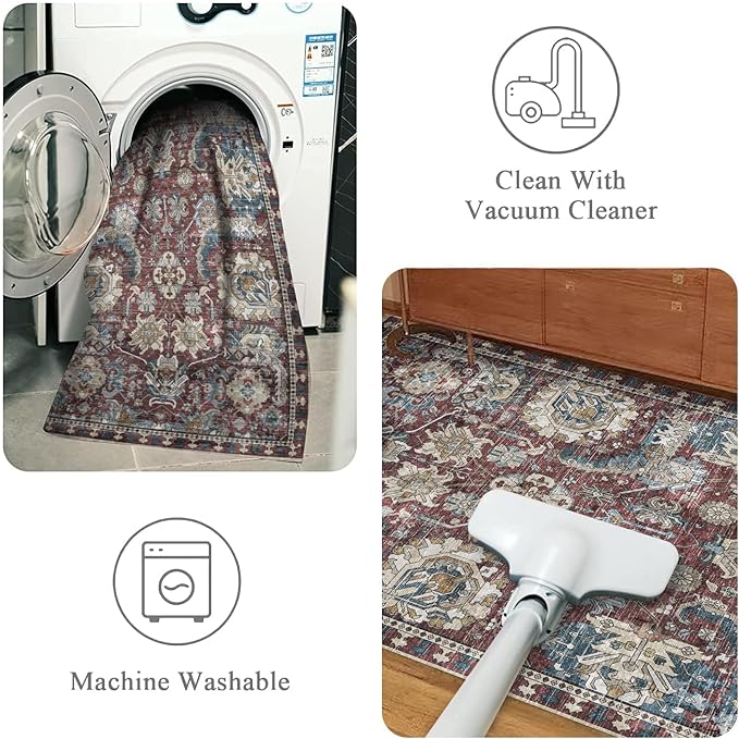 RUGSURE Washable Area Rugs - Perfect for Living Room, Bedroom, Kids Room, Nursery - Stain & Water Resistant Non-Slip, Pet & Child Friendly, Vintage Tribal Area Rugs (Rust and Blue, 8' x 10')