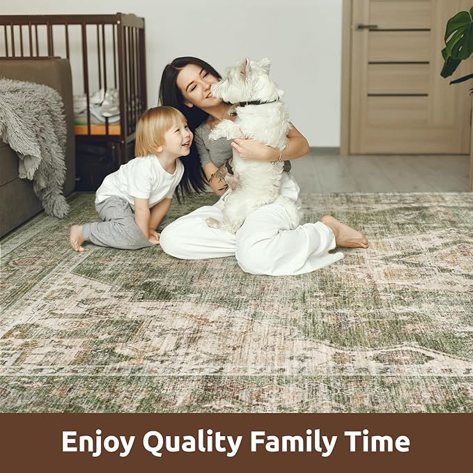 AMOAMI-3X5 Area Rug-Soft Washable Vintage Throw Accent Rugs for Living Room, Entryway, Bedroom, Kitchen, Bathroom, Laundry Room, Kitchen, Bathroom, Bedside, No Slip Green