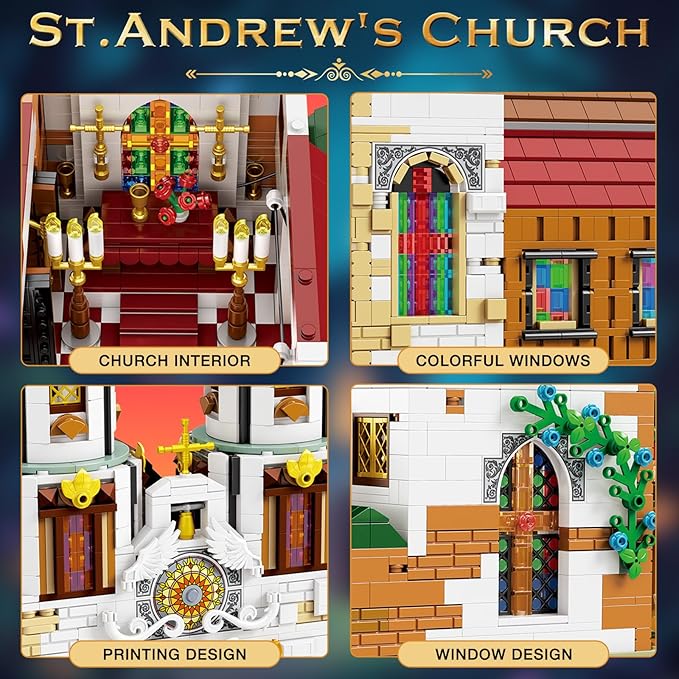 Reobrix St.Andrew's Church Architecture Building Kit with LED Lights,MOC Street Modular Collectible Display Kit,Construction Building Model Set,Home Office Decor,Idea Gift for Adults and Teen,3087 PCS