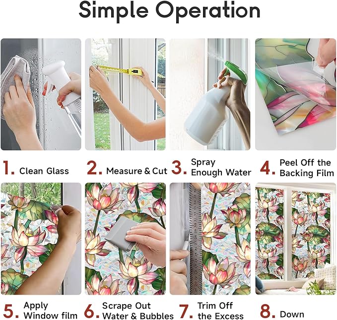 Window Film, Stain Lotus Flower Glass Film Rainbow Floral Static Glass Window Clings Stickers for Home Office Living Room Bedroom Windows Door Decor 16.93 x 39.37 Inches