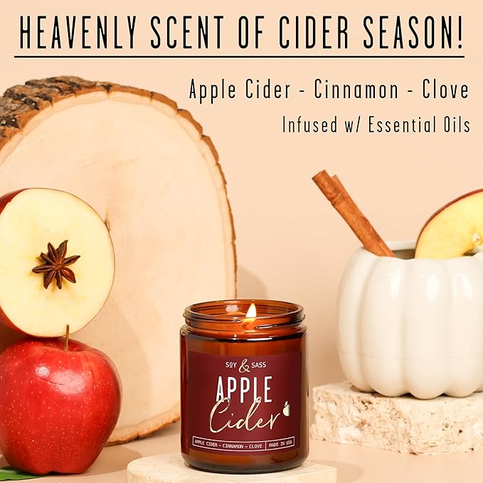 Apple Cider Candle, Fall Candles I Apple Cider, Cinnamon & Nutmeg - Infused with Essential Oils I Mulled Cider Fall Scented Candle (Soy) for Home I 9oz Reusable Jar I 50Hr Burn I Made in USA