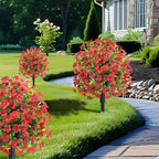 22.8" Set of 2 Fall Artificial Boxwood Topiary Ball with Spikes,UV Resistant Fake Outdoor shrubs with Violet Flowers, Realistic Faux Plants Bushes for Garden Front Porch Yard Patio Decor(Red)