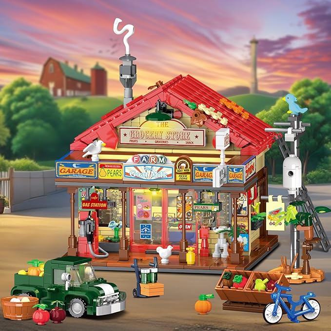 Country General Store Building Set for Adults with Lights, 1709 PCS Vintage Shop House Construction Building Block Kit, Home Decor Cabin Architecture Model for Women Men Teens Boys Girls 12+