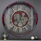 DORBOKER 27" Original Moving Gears Wall Clock, Large Industrial Wall Clock for Living Room Decor, Retro Metal Solid Wood Vintage Farmhouse Steampunk Rustic Clocks for Wall Decor,Cherry Red
