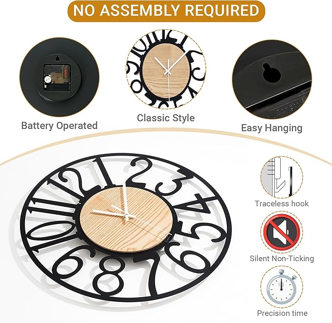 20inch/50cm Wall Clocks for Living Room Decor,Wall Clocks Battery Operated,Modern,Silent,Non Ticking,Large,Wall Clock for Dining Room,Bedroom,Kitchen (Wooden Arabic Numerals, 20 inches)