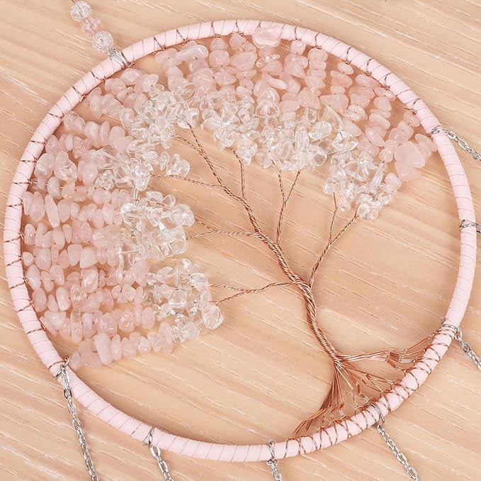 Pink 7 Agates Gemstone Dream Catcher 7 Chakras Tree of Life Dream Catcher with Healing Crystal Stones Handmade Dreamcatcher Wall Decor for Adults Boys Girls,Bedroom,Wedding,Garden,Bless Gift