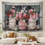 yowecso Farmhouse Rose Tapestry Peony Flower Tapestry Wall Hanging for Bedroom Floral Tapestries Aesthetic Wall Decor for Home Dorm Living Room 50"x60"