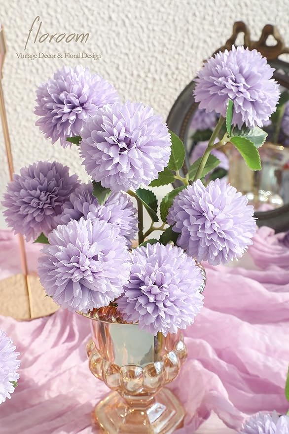 Floroom 12pcs Lilac Faux Silk Mums Artificial Flowers Bulk Fake Chrysanthemums with Stems for DIY Wedding Table Centerpieces Floral Arrangements Vase Fillers Home Decorations