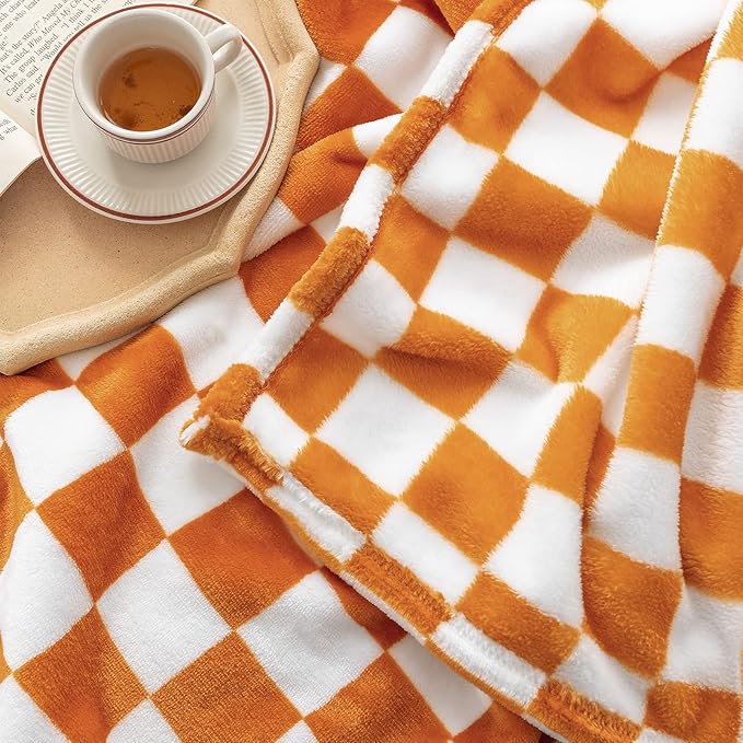 LOMAO Throw Blankets Flannel Blanket with Checkerboard Grid Pattern Soft Throw Blanket for Couch, Bed, Sofa Luxurious Warm and Cozy for All Seasons (Orange, 60"x80")