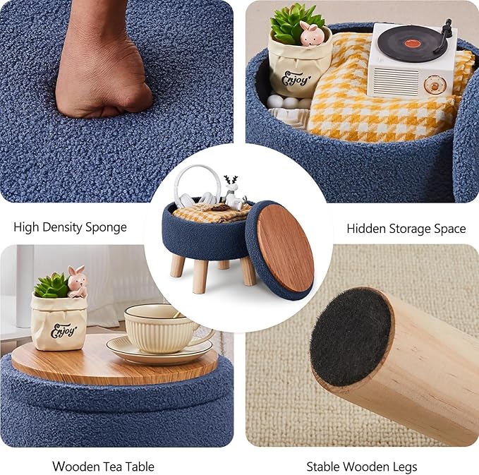 Wimarsbon Storage Ottoman, Modern Round Footrest with Soft Padded Seat, Teddy Velvet Footstool with Wood Legs, Accent Small Table or Plant Stand for Hallway, Living Room (Grey-Blue)