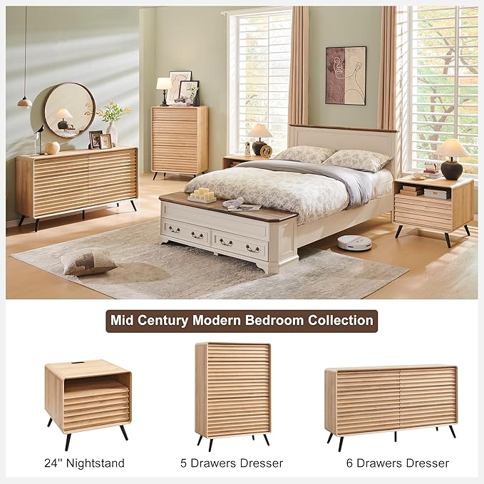 RedLemon 6 Drawers Dresser for Bedroom, 54'' Wide Mid Century Modern Wood Fluted Double Dresser, Chest of Drawers with Tapered Leg for Bedroom, Living Room, Hallway, Closet, Natural Oak