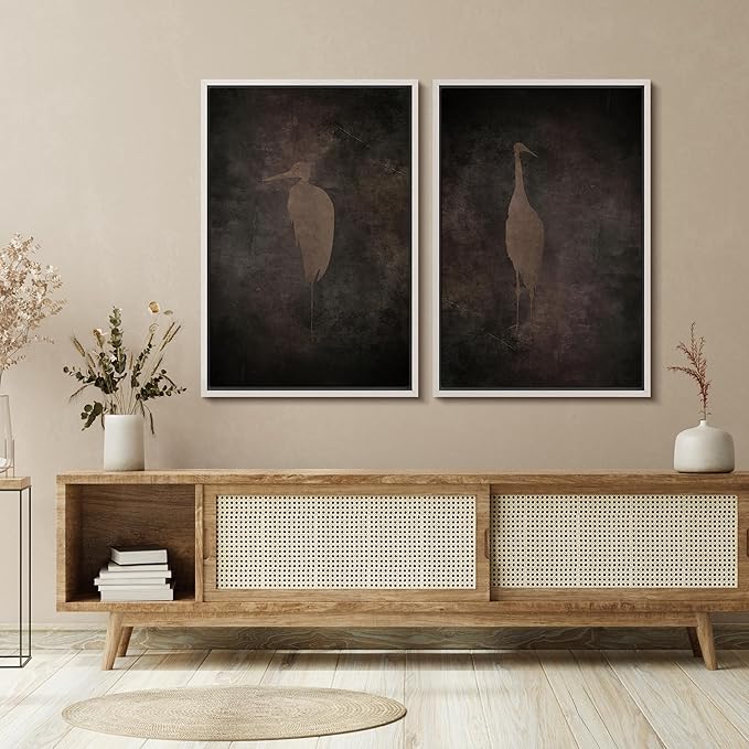 SIGNFORD Framed Canvas Print Wall Art Set Abstract Crane Silhouettes Vintage Dark Tones Illustration Modern Art Decorative Nordic Nature for Living Room, Bedroom, Office - 16"x24"x2 White