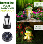 Solar Garden Outdoor Frog Statue 10 inches Tall - with Handheld Lanterns - Detachable - Patio, Balcony, Shelf, Tabletop, Lawn Decoration - Unique Housewarming, Birthday, Thanksgiving, Mom Gifts