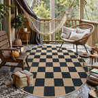 Lahome Checkered Round Rugs 6ft, Outdoor Patio Easy Jute Rug Indoor Outdoor Circle Carpet, Farmhouse Nature Non Shedding Non Slip Washable Black Carpet for Living Room Entry Deck