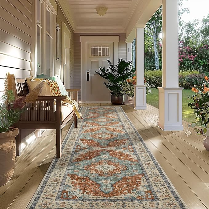 Topllen Runner Rug - 2'x10' Boho Washable Kitchen Rug, Non-Slip Soft Low Pile Rugs Indoor for Hallway Hall Living Room Bedroom Sunroom, Vintage Throw Stair Carpet Stain Resistance (Rust, 2x10ft)
