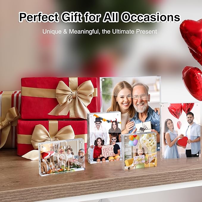 HOUSE DAY Acrylic Picture Frames 4x4, 1 Pack Magnetic 4 x 4 Picture Frame, Double Sided Clear 4x 4 Photo Frame with Microfiber Cloth, Frameless FreeStanding 4x4 Frame Gift for Desktop Display