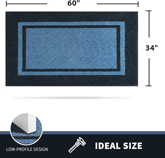 PURRUGS Dirt Trapping Door Mat 34" x 60", Non-Slip/Skid Machine Washable Entryway Rug, Shoes Scraper, Area Rug, Super Absorbent Welcome Mat for Muddy Wet Shoes and Paws, Light Blue & Navy
