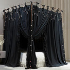 4 Corners Post Princess Curtain Bed Canopy Double Layer Cozy Mosquito Net Mesh and Cloth for Girls Adults Bedroom Decoration (Double-Black/Black, 78" W*86" L*82"*H/(King))