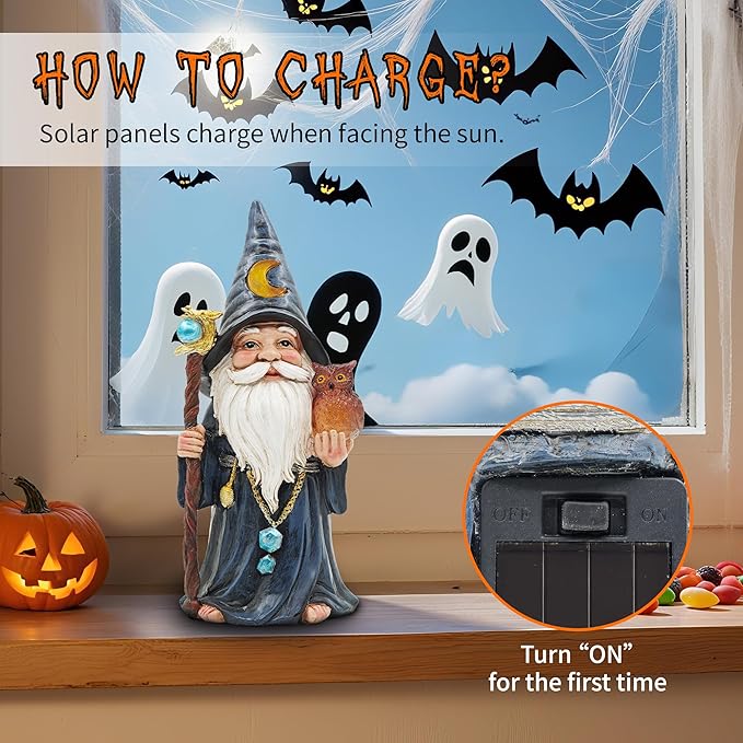 Halloween Solar Gnomes Decoration: 8.7'' Funny Merlin Statue with Owl & Magic Wand for Home Office Party Perfect Collectible Figurines Gift for Womens