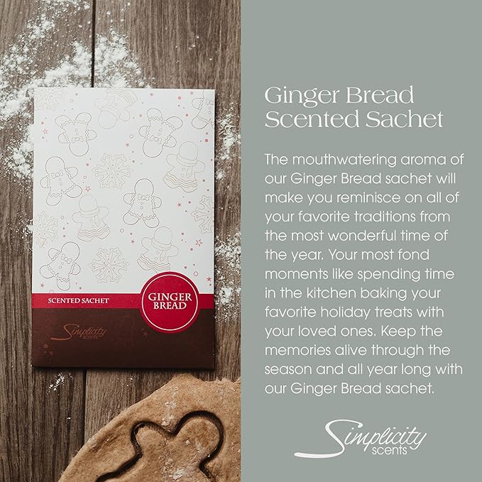 Simplicity Scents Gingerbread Scented Sachets Pack of 6, Fall & Winter - Long-Lasting Scented Bags, Home Fragrance, Air Freshener & Deodorizer for Closet, Room, Drawer, or Cars, Made in USA