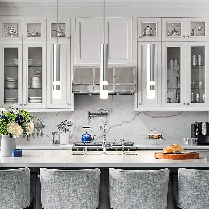 Modern Pendant Light Kitchen Fixture Dimmable LED Chrome Mini Pendant Lighting fo Kitchen Island Bedroom Bedside Table Small Pendant Lights (1-Pack)