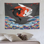 Houselerax Japanese Koi Fish Tapestries, Yin Yang Big Wave Cherry Blossom Tapestry Wall Hanging for Bedroom Living Room Office Decor 80"x60"