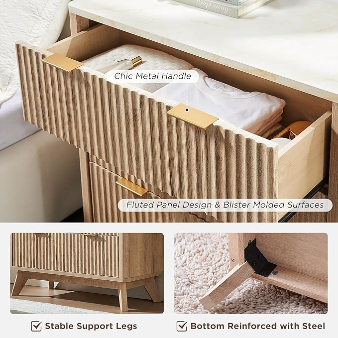 T4TREAM Fluted 3 Drawer Dresser, 32" Tall Modern Chest of Drawers with Faux Marble Top, Curved Profile Design, Wood Drawer Organizer for Bedroom, Living Room, Hallway, Entryway, Natural Oak